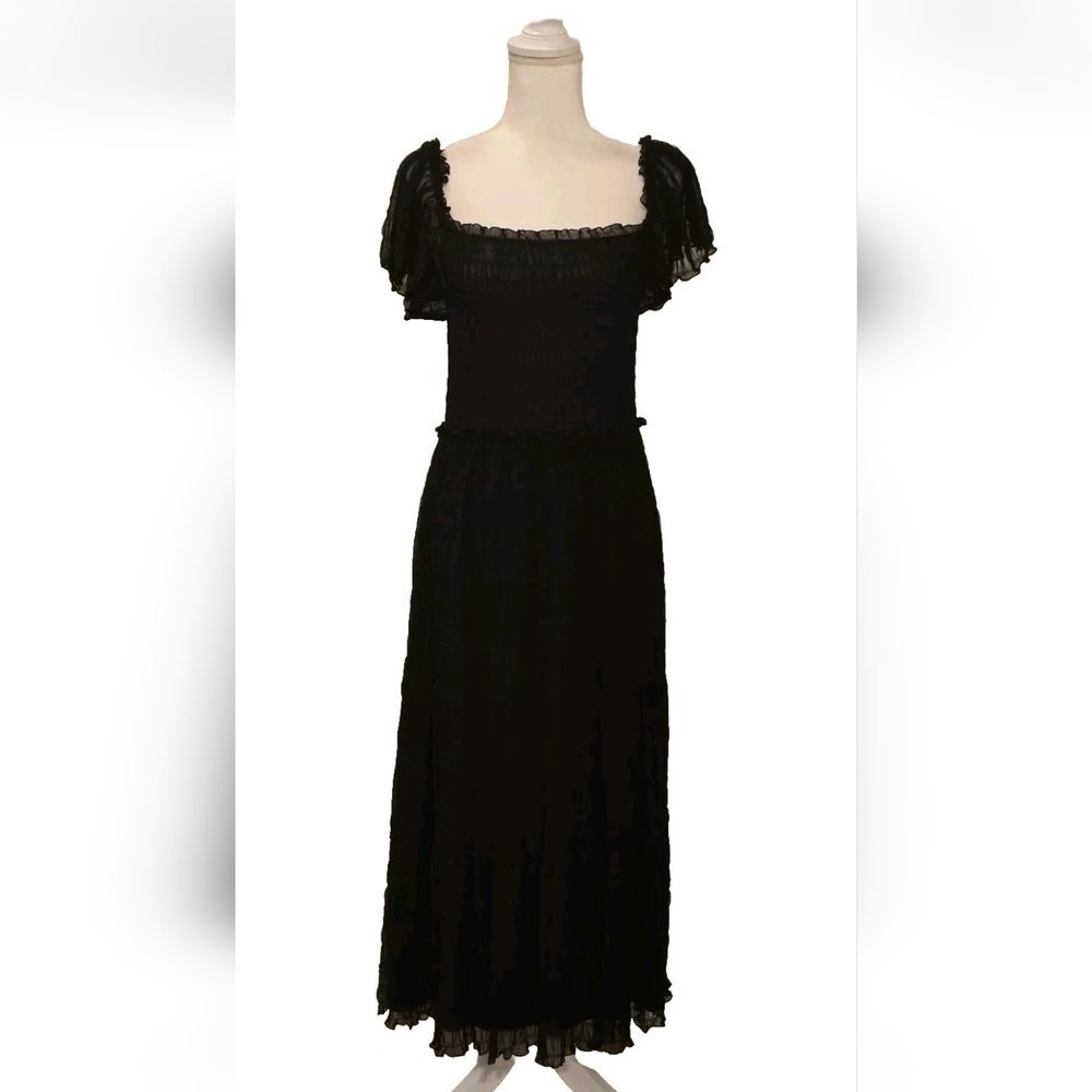 Black Smocked Midi Dress Flutter Sleeve Romantic Whimsigoth Max Studio NWT - Picture 4 of 16
